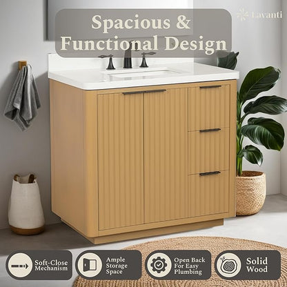 Lavanti Wooderna 36 Inch Bathroom Vanity with Sink – Stylish Firwood Oak Vanity Bathroom with Storage Cabinet – Modern Bathroom Vanities with Single Vanity Sink & Quartz Countertop