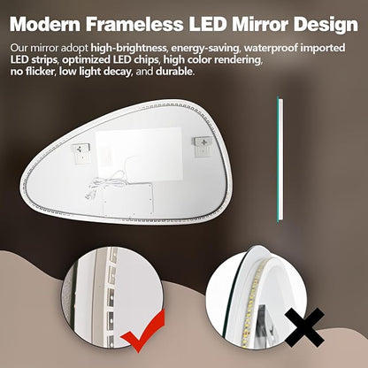 Niccy Irregular LED Bathroom Mirror, Frameless Backlit Wall Mirror, 30"x48" | Asymmetrica Lighted Mirror for Bedroom Living Room, Modern Smart-Mirror with 3 Color Lighting, Anti-Fog, Memory Function