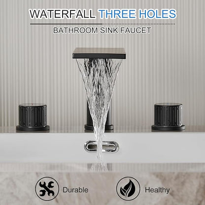 becola Black Bathroom Faucet 3 Hole, 8 inch Widespread Bathroom Faucet with Top Storage, Waterfall Bathroom Faucet，2-Handle Modern Vanity Faucet with Adjust Knobs and Two Supply Lines