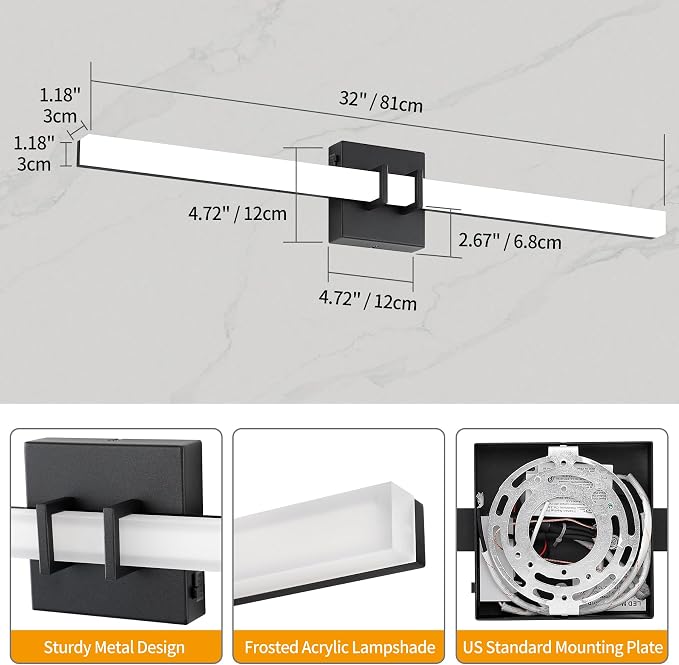 Modern Black Vanity Light Bar 32 Inch, 24W 5CCT Dimmable Bathroom Light Fixtures LED Wall Lighting Fixture