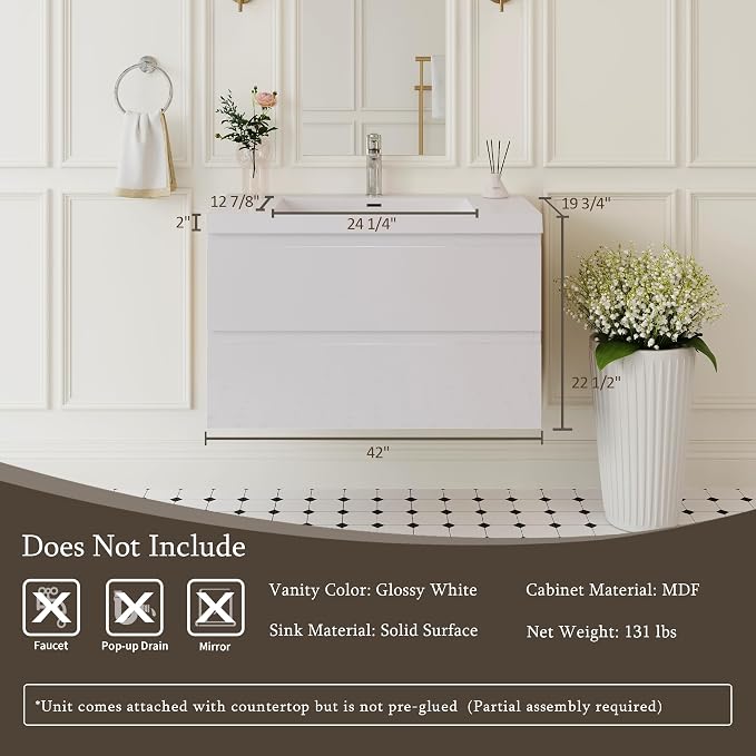 42" Floating Bathroom Vanity Sink, Glossy White | Storage Cabinet Wall Mounted Cabinet, Solid Surface Basin, Soft Close Drawers, Fully Assembled