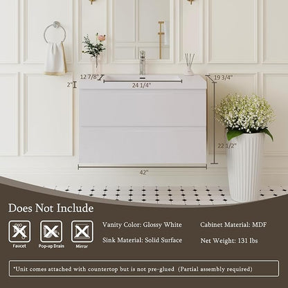 42" Floating Bathroom Vanity Sink, Glossy White | Storage Cabinet Wall Mounted Cabinet, Solid Surface Basin, Soft Close Drawers, Fully Assembled