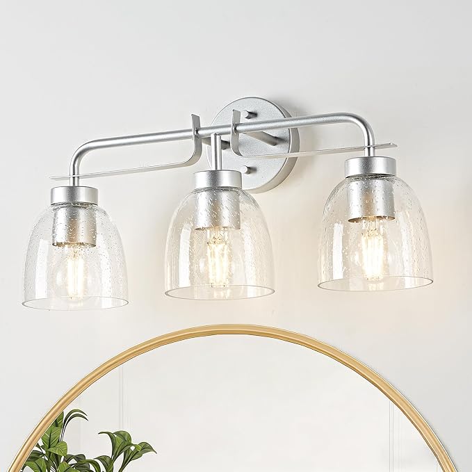 21 Inch Vanity Lights, 3-Light Silver Vintage Industrial Bathroom Light Fixtures with Bell Bubble Glass Shade, Wall Sconce for Bathroom Mirror, Bedroom, Hallway