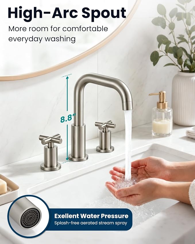 gotonovo Widespread 8 inch 3 Hole Bathroom Sink Faucet Brushed Nickel | 2 Cross Handle Bathroom Faucet,SUS304,360° Swivel Spout,24’’ cUPC Hose,Pop Up Drain,6-16’’ Vanity,Sink,Lavatory,Basin,RV
