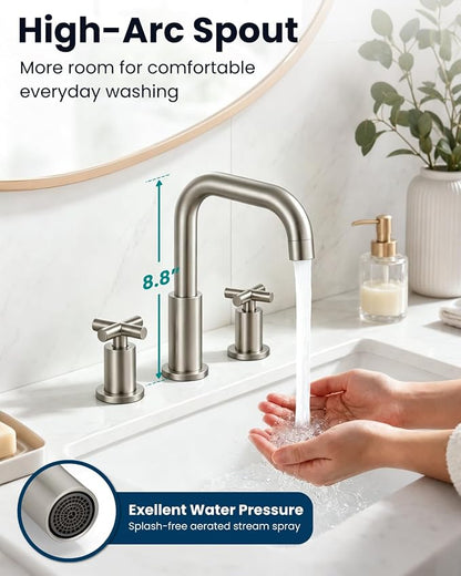 gotonovo Widespread 8 inch 3 Hole Bathroom Sink Faucet Brushed Nickel | 2 Cross Handle Bathroom Faucet,SUS304,360° Swivel Spout,24’’ cUPC Hose,Pop Up Drain,6-16’’ Vanity,Sink,Lavatory,Basin,RV