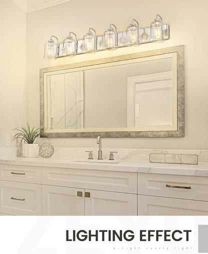 zeyu 44-Inch 6-Light Modern Bathroom Light with Clear Glass, ZSL72B-6W BN | Brushed Nickel Vanity Lighting, Up Or Down Mount, ETL Listed, 6 E26 Bulbs Up To 60W Each, For Bathroom Mirror, Bedroom