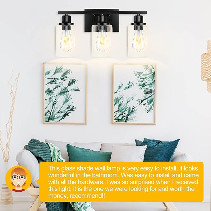 3-Light Vanity Light, Matte Black Bathroom Lighting Fixtures Over Mirror, Modern Metal Wall Lights for Hallway Kitchen Bedroom Living Room | Wall Sconce Light Fixture with Clear Glass Shade Matte Black Modern Metal Wall Lights for Hallway Kitchen Bedro...