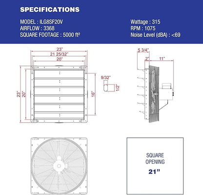 iLiving New Upgraded 20" Wall Mounted Exhaust Fan - Automatic Shutter - Variable Speed - Vent Fan For Home, Attic, Shed, or Garage Ventilation, 115V, 2.2A, Silver