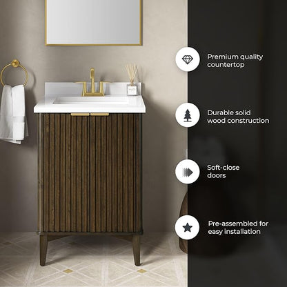OVE Decors Indy 24 in. Undermount Single Sink Bathroom Vanity with White Engineered Marble Top, Dark Walnut