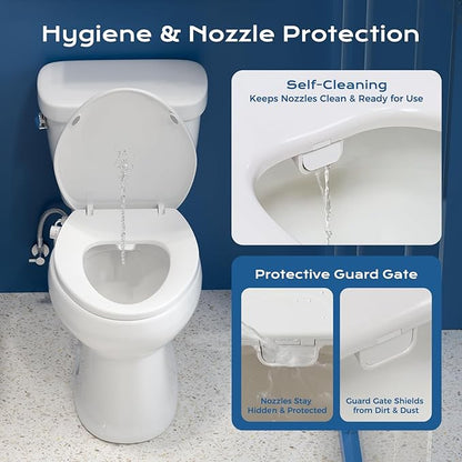 Elongated Bidet Toilet Seat – Non-Electric, Slow-Close Lid, Adjustable Water Pressure, Self-Cleaning Dual Nozzles for Frontal & Rear Wash – Hygienic Fresh Water Bidet Seat with Brass Inlet (Elongated)