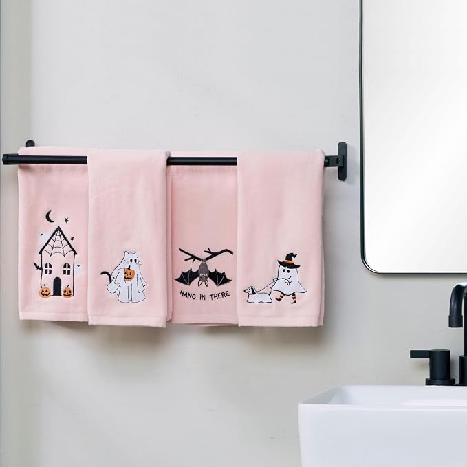SKL Home Halloween Ghost Walking Dog Hand Towel Set-2pc, 100% Cotton, Pink | Soft, embroidered velour. Great for the bathroom, kitchen or bar & gifting.