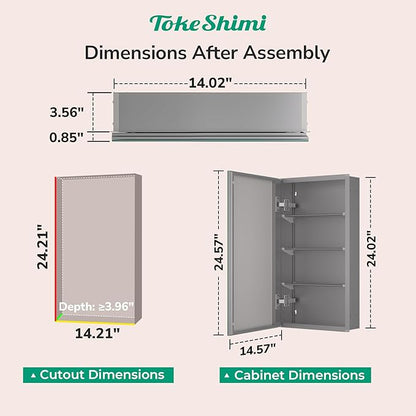TokeShimi 14x24 Bathroom Mirror with Storage Tempered, Aluminum Silver Recessed Medicine Cabinet with Mirror Frameless Stepless Adjustable Shelf, Surface Mount Medicine Cabinet for Bathroom