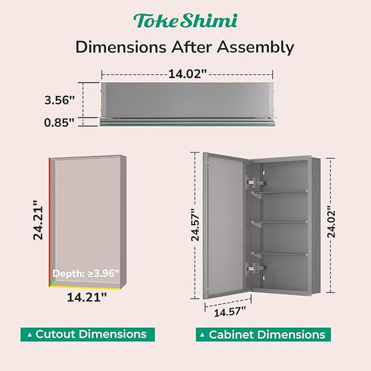 TokeShimi 14x24 Bathroom Mirror with Storage Tempered, Aluminum Silver Recessed Medicine Cabinet with Mirror Frameless Stepless Adjustable Shelf, Surface Mount Medicine Cabinet for Bathroom
