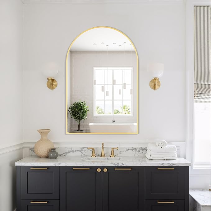Arched Bathroom Mirror, 24"x36", Gold | Wall Mounted, Vanity Mirror, For Bedroom, Living Room and Entryway