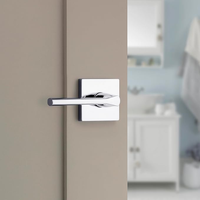 Kwikset Lisbon Interior Privacy Door Handle with Lock, Door Lever For Bathroom and Bedroom, Polished Chrome Reversible Keyless Push Button Lock Door Lever