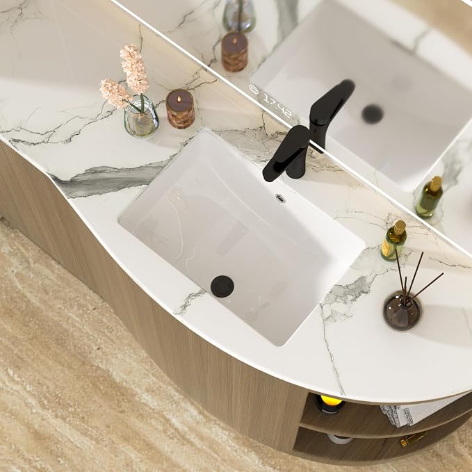 White Undermount Bathroom Sink 20.4"x14.4"Ceramic Basin | Modern Porcelain Under Counter Bathroom Vanity Sink, Interior Bowl 18.3" x 12.4", Rectangular Undermount Basin with Overflow