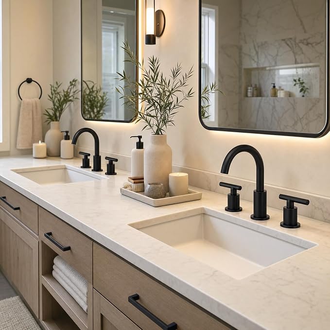 Widespread Bathroom Faucet, 2 Handle Vanity Sink Faucet Matte Black | SUS 304 Stainless Steel, 360° Swivel Spout, Pop-up Drain, Ceramic Valve, Aerated Stream, 20-Min DIY Install