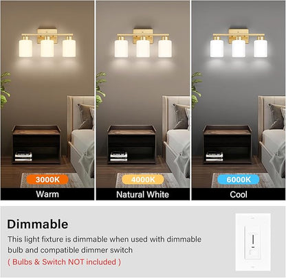 Gold Bathroom Light Fixtures, 3-Light Modern Vanity Light Over Mirror, Wall Sconces with Milky White Frosted Glass Shades, E26 Socket (Bulbs Not Included)
