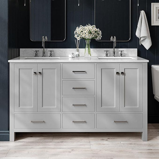 ARIEL Cambridge 60-inch Bathroom Vanity with Sink,Solid Wood, 0.75-inch Italian Carrara Marble Countertop, Double Rectangular Porcelain Sink, 4 Soft Closing Doors, 6 Dovetail Drawers, Grey