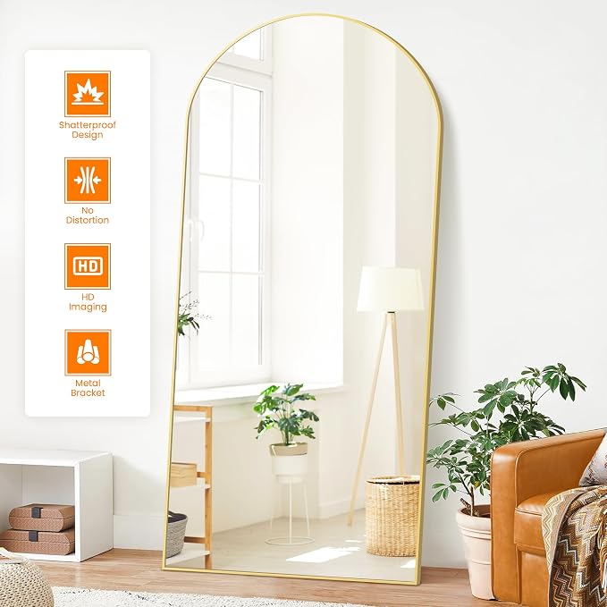 Arched Full Length Mirror, 75"x35" Standing Body Mirror for Wall, Gold | Built-in Stand, HD Shatterproof Glass, Aluminum Alloy Frame, Hanging or Standing, for Bedroom, Living Room & Dressing Room