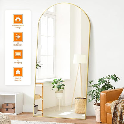 Arched Full Length Mirror, 75"x35" Standing Body Mirror for Wall, Gold | Built-in Stand, HD Shatterproof Glass, Aluminum Alloy Frame, Hanging or Standing, for Bedroom, Living Room & Dressing Room