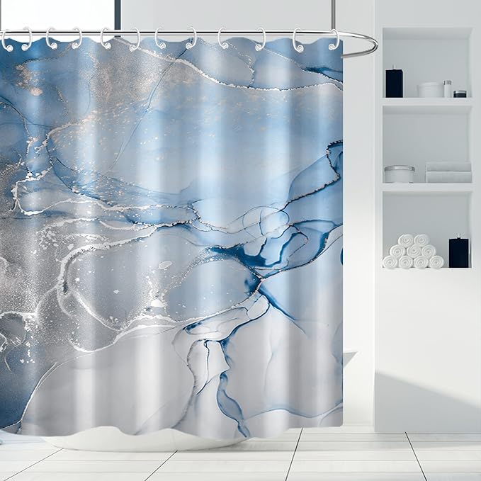 AWERT Blue Marble Shower Curtain for Bathroom Modern Blue White Marble Ink Shower Curtain with Hooks Washable Bathroom Accessories Bathtub Decor 60x72inch
