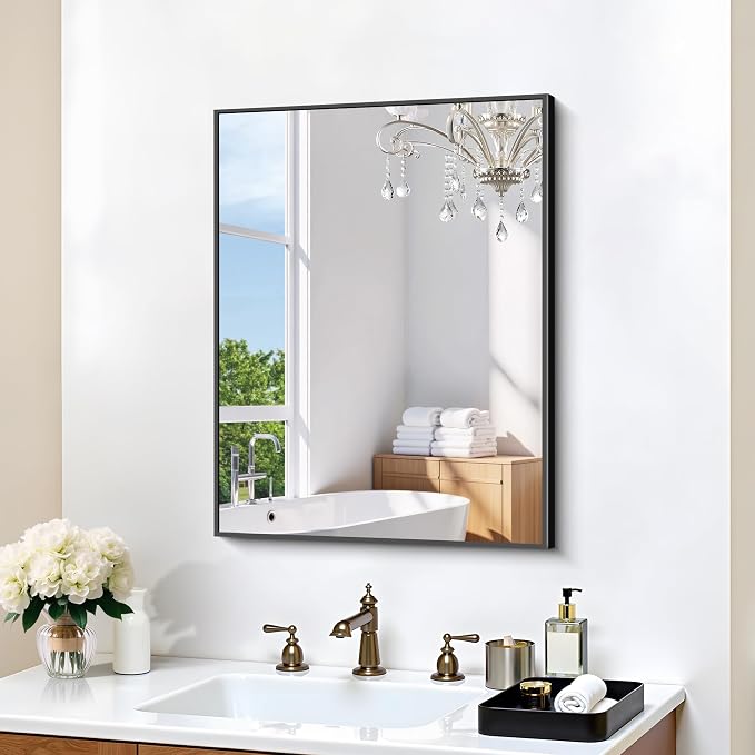 KOCUUY Black Rectangle Mirror 18"x24", Metal Framed Bathroom Mirror for Over Sink, Shatterproof Tempered Glass, Crystal Clear & Rust-Proof, Wall Mounted Vanity Mirror, Hangs Horizontally or Vertically