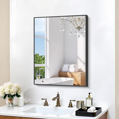 KOCUUY Black Rectangle Mirror 18"x24", Metal Framed Bathroom Mirror for Over Sink, Shatterproof Tempered Glass, Crystal Clear & Rust-Proof, Wall Mounted Vanity Mirror, Hangs Horizontally or Vertically
