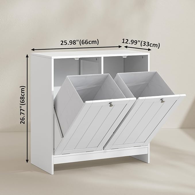 Smart FENDEE Double Tilt Out Laundry Hamper Cabinet, 11.8 Gallon Hidden Trash Cabinets with 2 Baskets for Kitchen, Freestanding Small Bathroom Storage Cabinet Unit, White