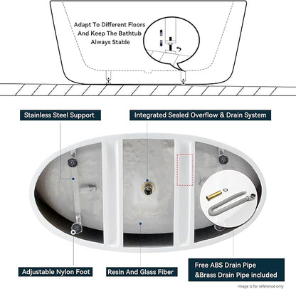 FerdY Tahiti 55" Acrylic Freestanding Bathtub, Elegant Oval Shape Soaking Bathtub, Glossy White, Brushed Gold Drain & Integrated Slotted Overflow Assembly Included cUPC Certified