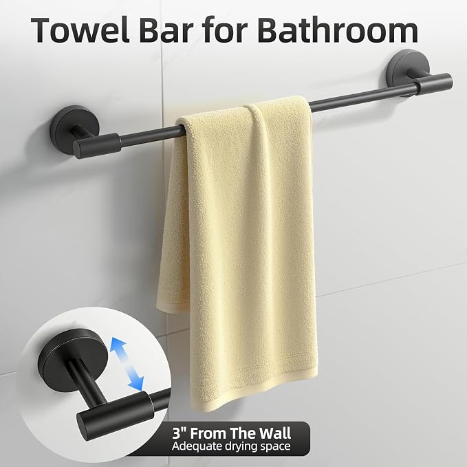 Matte Black Bathroom Hardware Accessories Towel Bar Set 5 Pieces | Stainless Steel Black Towel Rack Set Including 19in Towel Bar Wall Mounted, Bathroom Towel Holder, Towel Ring, Towel Hooks