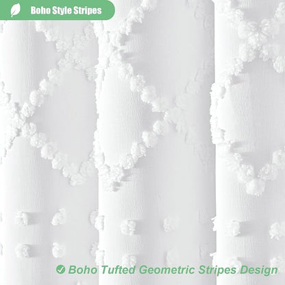 Stall Boho Farmhouse Shower Curtain Tufted Geometric 60"x72" White | 60 Inch Wide, Elegant Tassel, Lightweight Textured Fabric, Water Repellent, Washable, for Narrow Bathroom/Dorm 10 Hooks