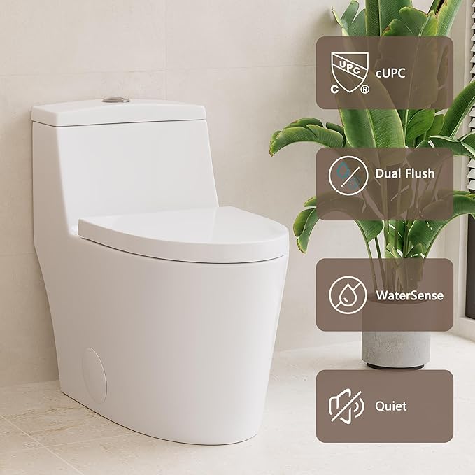 DeerValley Elongated One Piece Toilet with Standard Height Quick Release Seat Dual Flush 1.1/1.6 GPF White 12" Rough In Bathroom Toilet