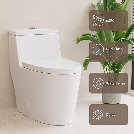 DeerValley Elongated One Piece Toilet with Standard Height Quick Release Seat Dual Flush 1.1/1.6 GPF White 12" Rough In Bathroom Toilet