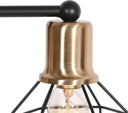 LALUZ Modern Farmhouse Mid-Century 3-Light Black and Gold Bathroom Vanity Light with Industrial Metal Cage