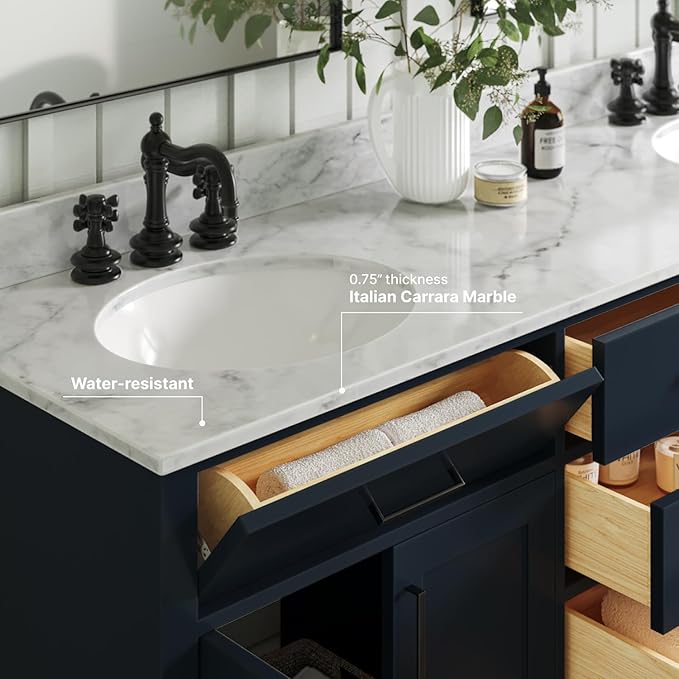 ARIEL Hepburn 72-inch Bathroom Vanity with Sink,Solid Wood, 0.75-inch Italian Carrara Marble Countertop, Double Oval Porcelain Sink, 4 Soft Closing Doors, 6 Dovetail Drawers, Midnight Blue