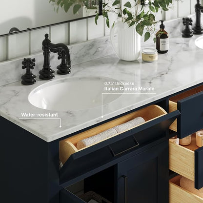 ARIEL Hepburn 72-inch Bathroom Vanity with Sink,Solid Wood, 0.75-inch Italian Carrara Marble Countertop, Double Oval Porcelain Sink, 4 Soft Closing Doors, 6 Dovetail Drawers, Midnight Blue