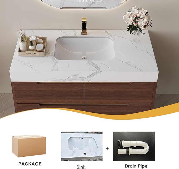 35.4" Freestanding Bathroom Vanity with Sintered Stone Countertop and Ceramic Basin Sink, Modern Bathroom Cabinet with 4 Soft Closing Drawers, Hidden Handle, Powder-Coated Metal Legs, Walnut