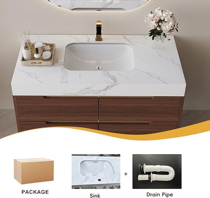 36 Inch Modern Bathroom Vanity with Undermount Sink, 2-in-1 Wall Mounted & Free-Standing Bathroom Vanity Cabinet with Sintered Stone Top & 4 Drawers, Walnut Wood Single Sink Bathroom Vanities