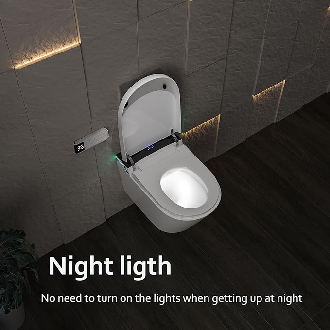 MEJE #MZE014P - Intelligent Wall-Hung Toilet, One-piece Elongated Smart Toilet with Bidet Built in,Heated Seat, Warm Air Dryer,Auto Flush, Auto Open and Close, Remote Control, Night Light, White