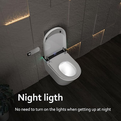 MEJE #MZE014P - Intelligent Wall-Hung Toilet, One-piece Elongated Smart Toilet with Bidet Built in,Heated Seat, Warm Air Dryer,Auto Flush, Auto Open and Close, Remote Control, Night Light, White