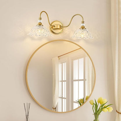 Gold Bathroom Vanity Light, 2-Light Brushed Gold Finish Vanity Light with Floral Clear Glass Shades, Retro Wall Mount Lighting for Bathroom, Dressing Table
