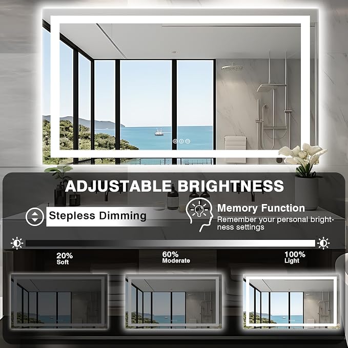 EchosLife 60"x36" LED Mirror for Bathroom | Backlit + Front Lit, Anti-Fog, Stepless Dimmable, 3 Colors, Memory, Tempered Glass, UL Listed, Horizontal/Vertical
