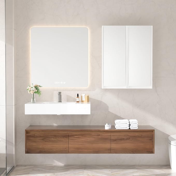 60 Inch Floating Bathroom Vanity with Single Sink, Modern Wall-Mounted Bathroom Cabinet with Resin Sink & Soft Close Drawers & Side Cabinets, Split-Level Layout (Walnut, 60"+2 Side cabinets)