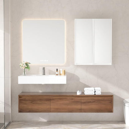 60 Inch Floating Bathroom Vanity with Single Sink, Modern Wall-Mounted Bathroom Cabinet with Resin Sink & Soft Close Drawers & Side Cabinets, Split-Level Layout (Walnut, 60"+2 Side cabinets)