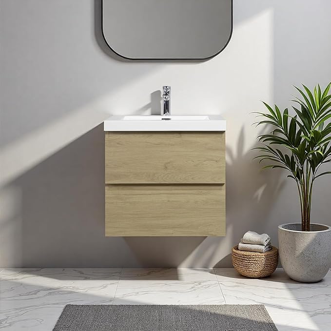 Floating Bathroom Vanity with Sink, 24" Wall-Mounted Bathroom Storage Cabinet with Resin Countertop & 2 Soft Close Drawers, Modern Stylish Vanity with Open Back Design, Easy to Clean, Oak