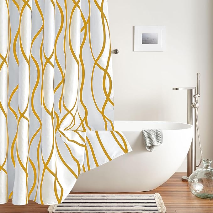 Fabric Modern Extra Long Shower Curtains for Bathroom-Textured Gold & White | 72"W x 84"L Faux Linen Luxury Hotel Quality Washable-Abstract Wavy Cloth Bath Shower Curtain-Apartment Minimalist Decor