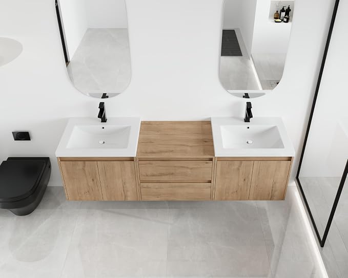 Malwee 72'' Floating Bathroom Vanity with Double Sink, Brown | Wall Mounted Double Sink Combo, Plywood Cabinet, Resin Basin, Ample Storage, Soft-close Hinge, Assembly Required