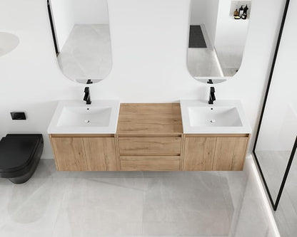 Malwee 72'' Floating Bathroom Vanity with Double Sink, Brown | Wall Mounted Double Sink Combo, Plywood Cabinet, Resin Basin, Ample Storage, Soft-close Hinge, Assembly Required