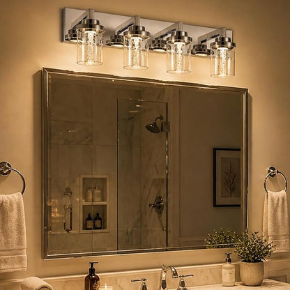 MELUCEE 4-Light LED Bathroom Lighting Fixtures Chrome, 5CCT Adjustable | Dimmable LED Vanity Light for Bathroom Bubble Crystal Bathroom Wall Lights with Clear Glass Shade, Built-In LED Chips